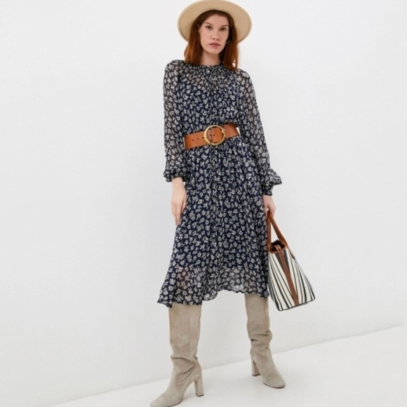 NWT Polo Ralph Lauren Floral Printed Long Sleeve Tie Neck Midi Dress Navy White - Picture 1 of 7